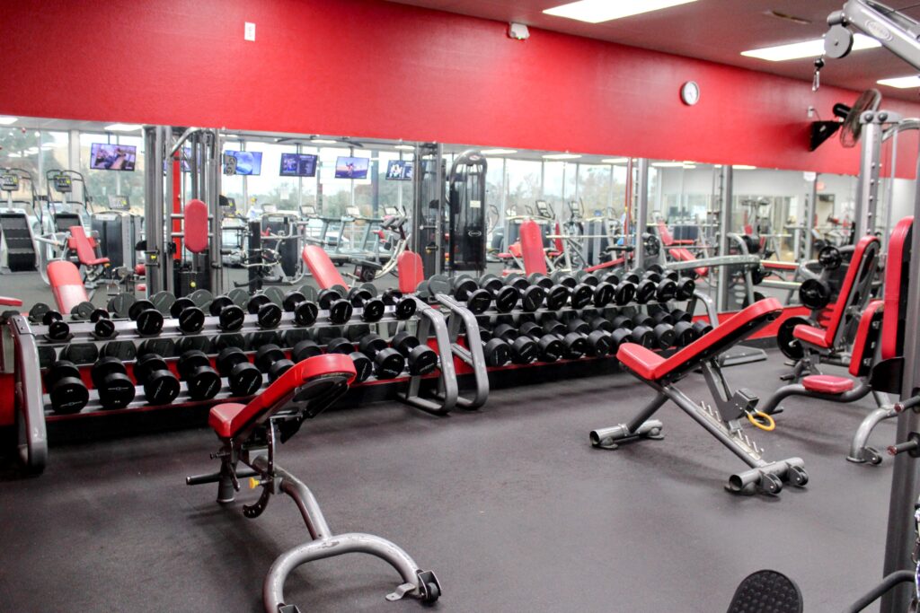 Dumbbell racks and benches at Taylor Fitness Palestine